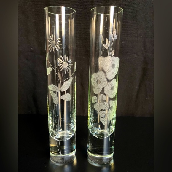 Beautiful Glass-Cut Floral Design Tube Vase Set of 2 - Picture 2 of 6